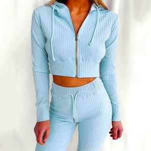 Casual Solid Color Zipper Up Two Piece Pants Set